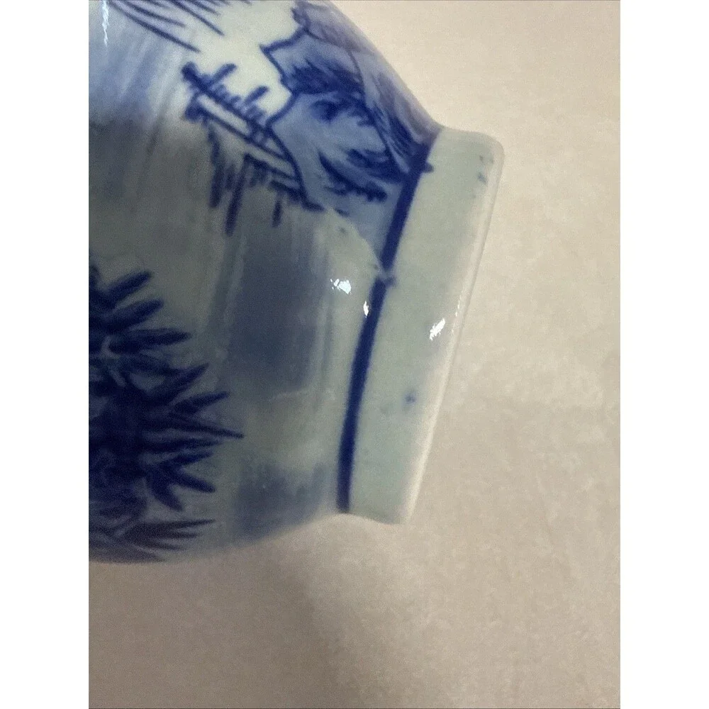 Blue & White Ceramic Landscape Vase Decorative Handles 8.25in